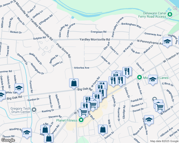 map of restaurants, bars, coffee shops, grocery stores, and more near 223 Arborlea Avenue in Yardley