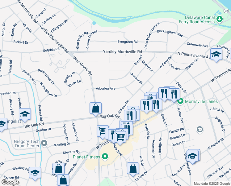 map of restaurants, bars, coffee shops, grocery stores, and more near 223 Arborlea Avenue in Yardley