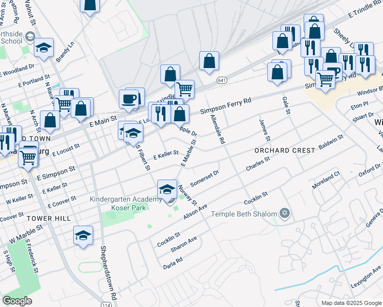 map of restaurants, bars, coffee shops, grocery stores, and more near 704 East Marble Street in Mechanicsburg