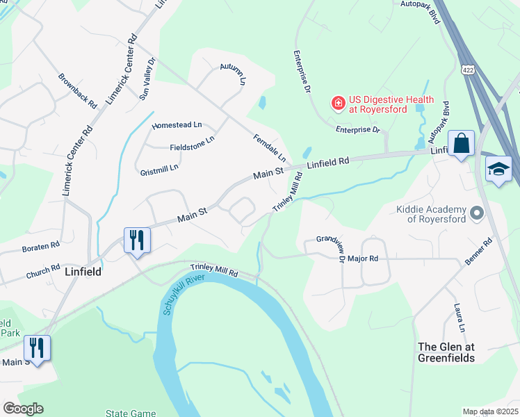map of restaurants, bars, coffee shops, grocery stores, and more near 907 Red Rock Circle in Royersford