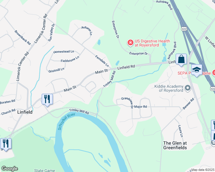 map of restaurants, bars, coffee shops, grocery stores, and more near 31 Trinley Mill Road in Royersford