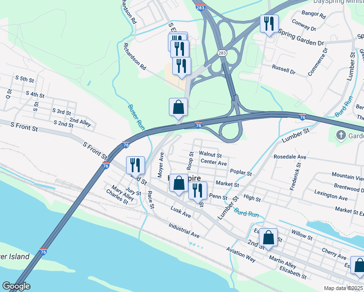 map of restaurants, bars, coffee shops, grocery stores, and more near 174 Walnut Street in Highspire