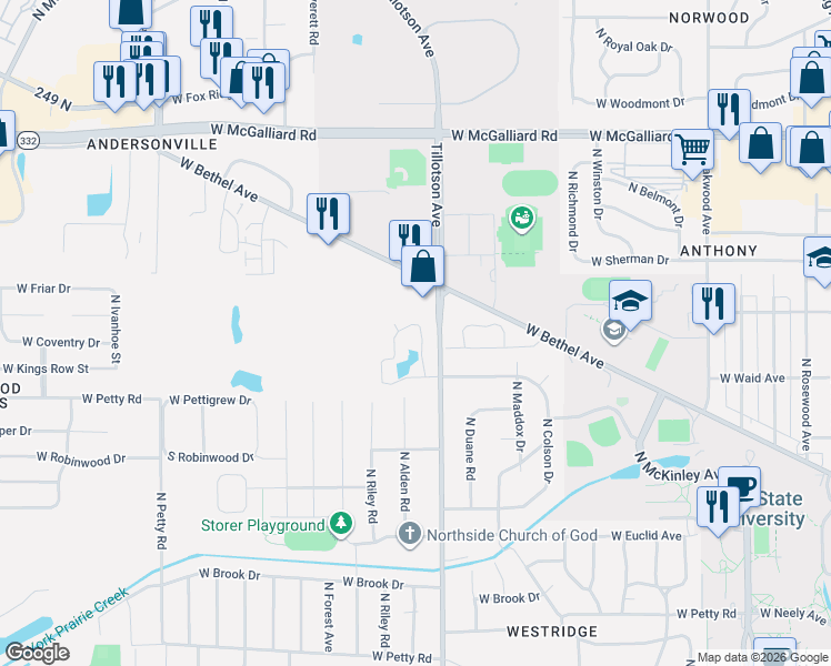 map of restaurants, bars, coffee shops, grocery stores, and more near 2405 North Tillotson Avenue in Muncie
