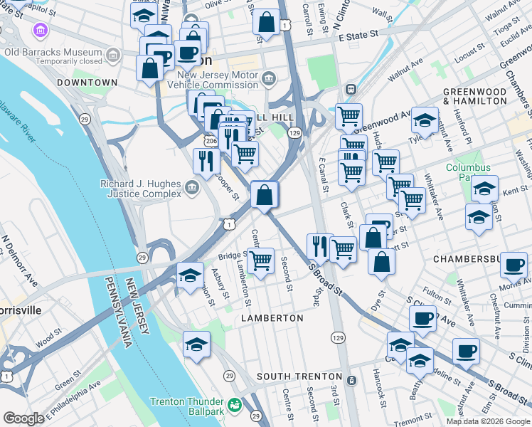 map of restaurants, bars, coffee shops, grocery stores, and more near 439 South Broad Street in Trenton