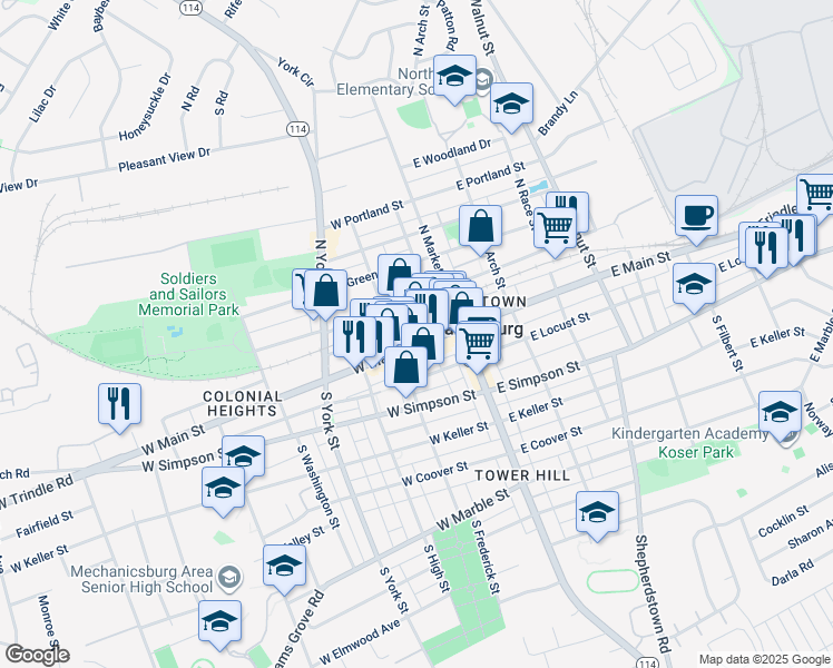 map of restaurants, bars, coffee shops, grocery stores, and more near 52 West Strawberry Alley in Mechanicsburg