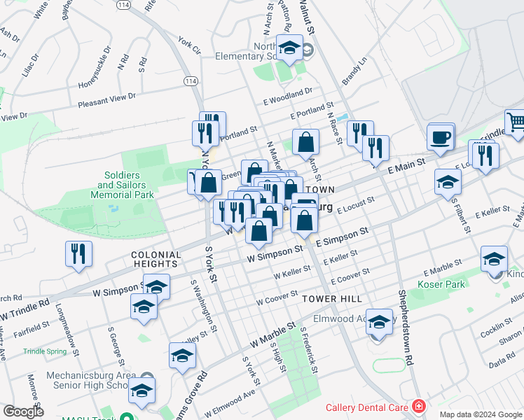 map of restaurants, bars, coffee shops, grocery stores, and more near 52 West Strawberry Alley in Mechanicsburg