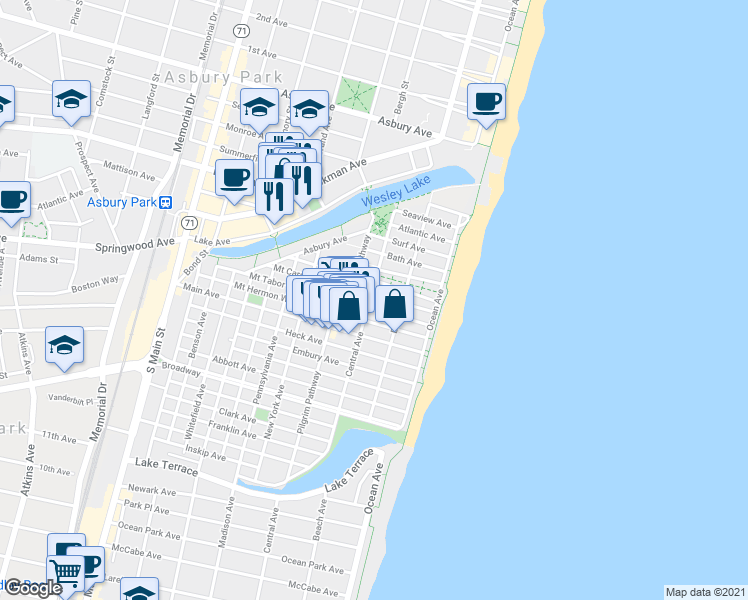 map of restaurants, bars, coffee shops, grocery stores, and more near 26 Central Avenue in Neptune Township