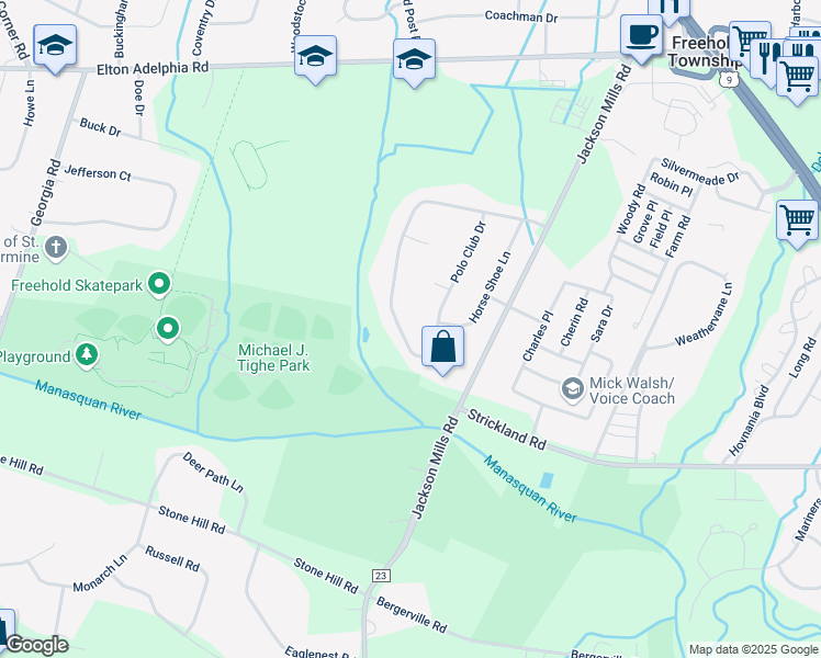map of restaurants, bars, coffee shops, grocery stores, and more near 41 Polo Club Drive in Freehold