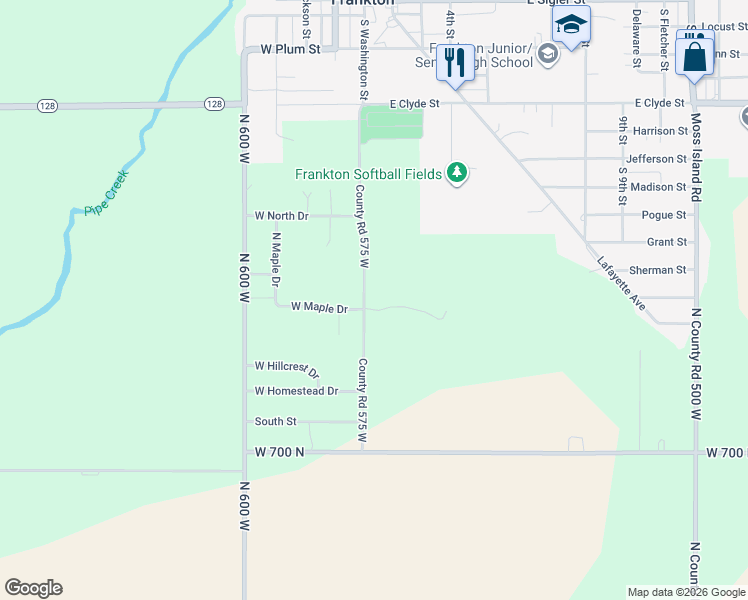 map of restaurants, bars, coffee shops, grocery stores, and more near 7342 County Road 575 West in Frankton