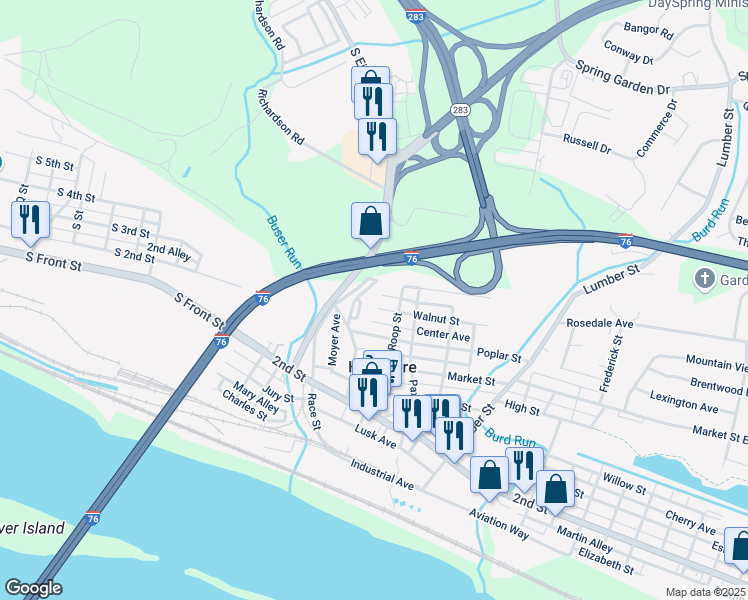 map of restaurants, bars, coffee shops, grocery stores, and more near 174 Walnut Street in Highspire