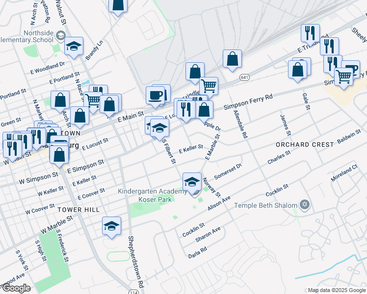 map of restaurants, bars, coffee shops, grocery stores, and more near 509 East Keller Street in Mechanicsburg