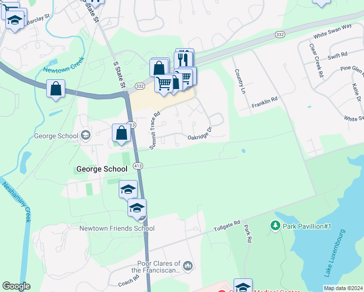 map of restaurants, bars, coffee shops, grocery stores, and more near 216 Stoneybrook Court in Langhorne