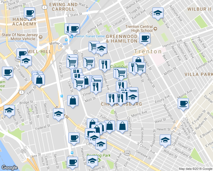 map of restaurants, bars, coffee shops, grocery stores, and more near 346 Elmer Street in Trenton