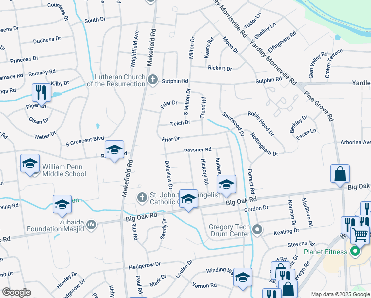 map of restaurants, bars, coffee shops, grocery stores, and more near 684 Pevsner Road in Yardley