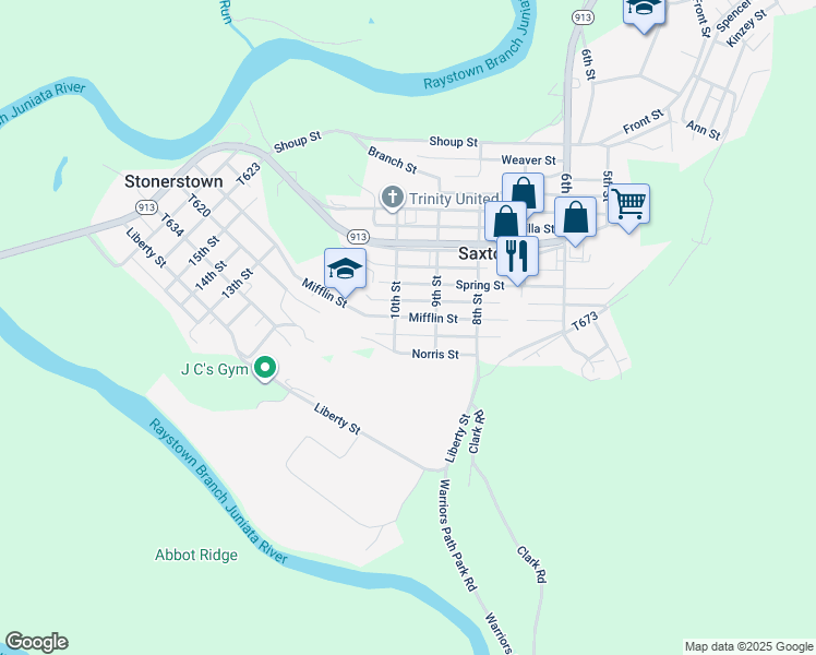 map of restaurants, bars, coffee shops, grocery stores, and more near 913 Mifflin Street in Saxton