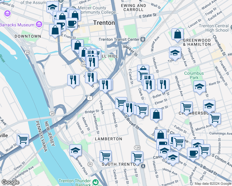 map of restaurants, bars, coffee shops, grocery stores, and more near 48 Hamilton Avenue in Trenton