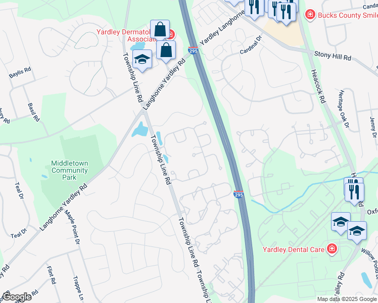 map of restaurants, bars, coffee shops, grocery stores, and more near 513 Palmer Farm Drive in Yardley