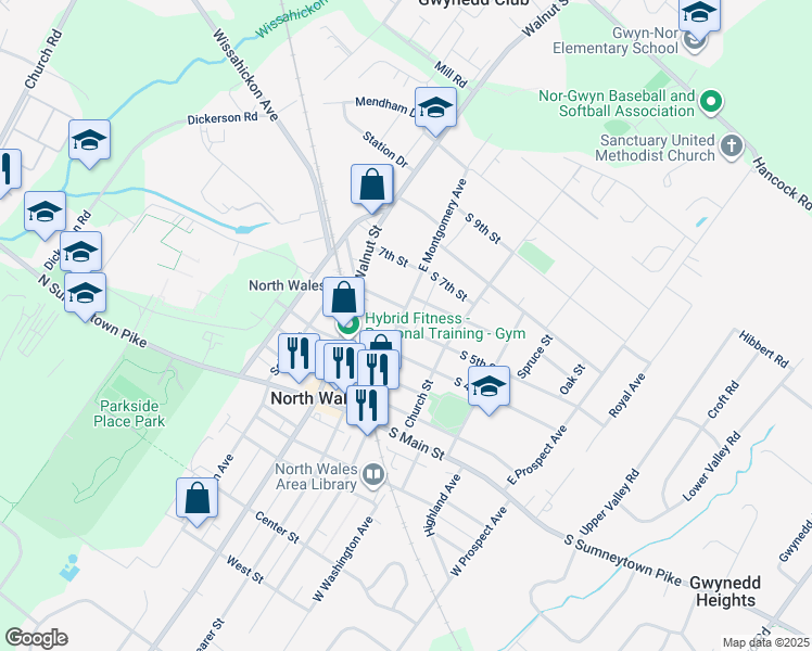 map of restaurants, bars, coffee shops, grocery stores, and more near 501 East Montgomery Avenue in North Wales
