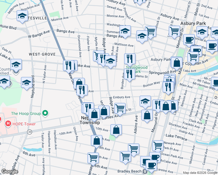 map of restaurants, bars, coffee shops, grocery stores, and more near 7 Dewitt Avenue in Asbury Park