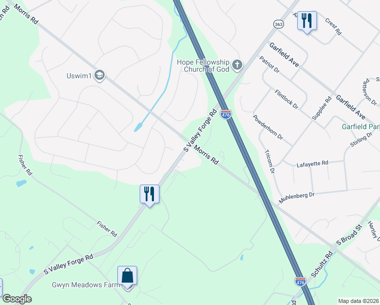 map of restaurants, bars, coffee shops, grocery stores, and more near 2272 South Valley Forge Road in Lansdale
