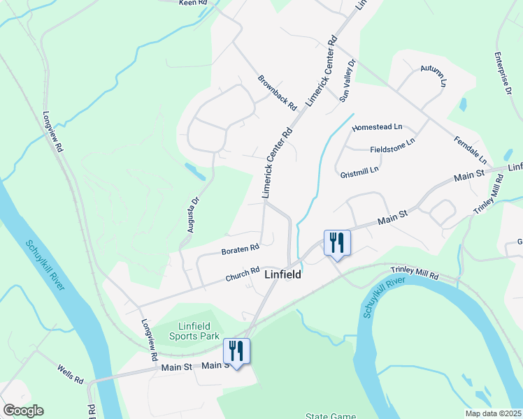 map of restaurants, bars, coffee shops, grocery stores, and more near 4 Boraten Road in Linfield
