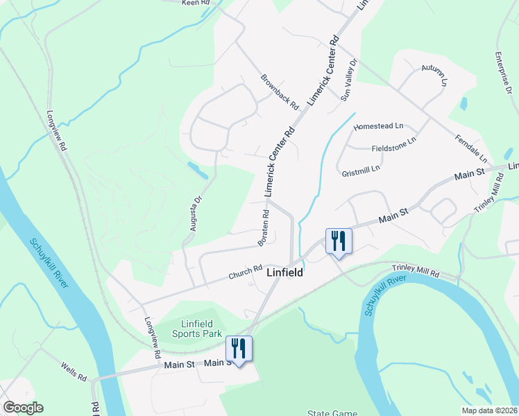 map of restaurants, bars, coffee shops, grocery stores, and more near 4 Boraten Road in Linfield