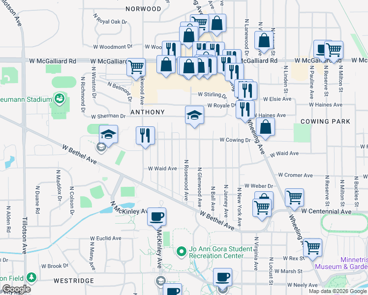 map of restaurants, bars, coffee shops, grocery stores, and more near 2301 North Rosewood Avenue in Muncie