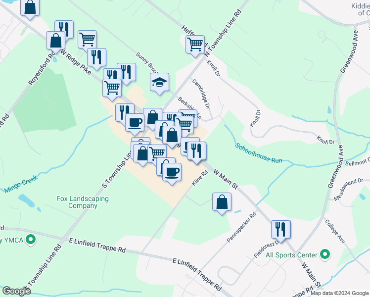 map of restaurants, bars, coffee shops, grocery stores, and more near 1786 State Route 4031 in Royersford