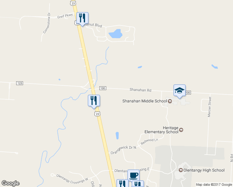 map of restaurants, bars, coffee shops, grocery stores, and more near 274 Shanahan Road in Lewis Center