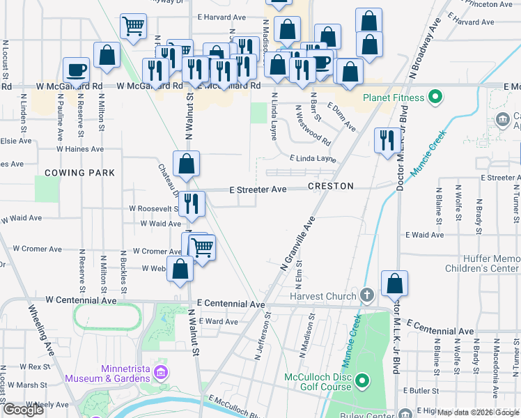 map of restaurants, bars, coffee shops, grocery stores, and more near 306 E Cowing Dr in Muncie