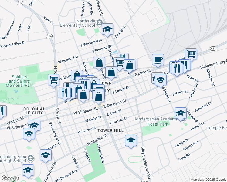 map of restaurants, bars, coffee shops, grocery stores, and more near 107 East Locust Street in Mechanicsburg