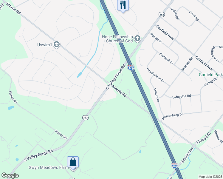 map of restaurants, bars, coffee shops, grocery stores, and more near 2272 South Valley Forge Road in Lansdale