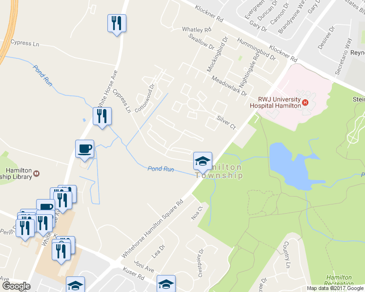 map of restaurants, bars, coffee shops, grocery stores, and more near 15 Versailles Court in Hamilton Township