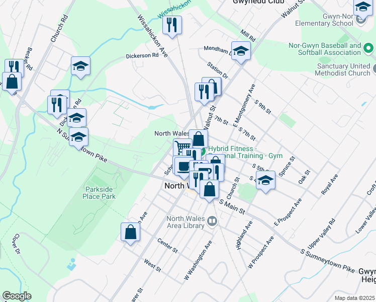map of restaurants, bars, coffee shops, grocery stores, and more near 401 East Walnut Street in North Wales
