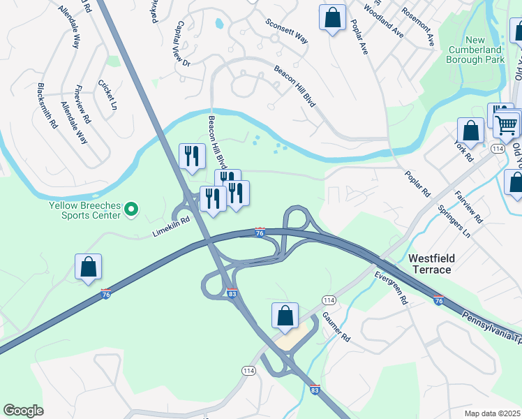map of restaurants, bars, coffee shops, grocery stores, and more near 148 Sheraton Drive in New Cumberland