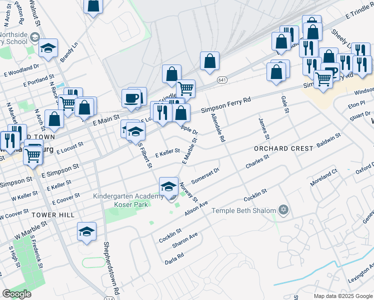 map of restaurants, bars, coffee shops, grocery stores, and more near 613 East Keller Street in Mechanicsburg