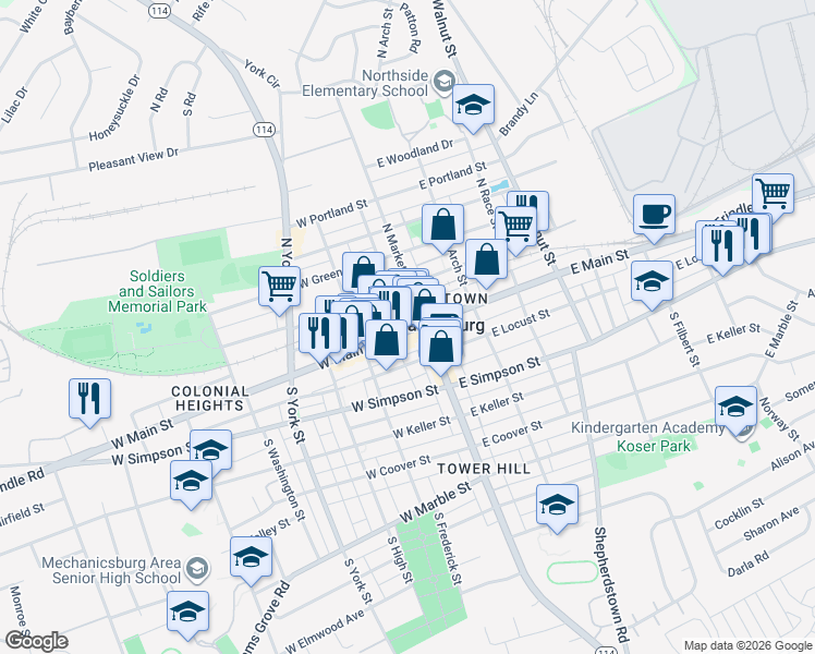 map of restaurants, bars, coffee shops, grocery stores, and more near in Mechanicsburg