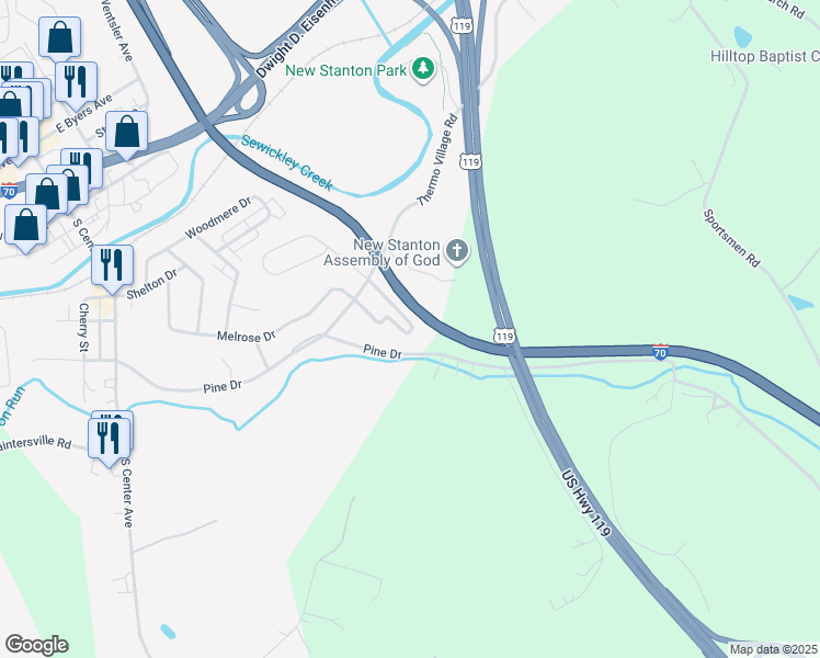 map of restaurants, bars, coffee shops, grocery stores, and more near 111 Timber Ridge Drive in New Stanton