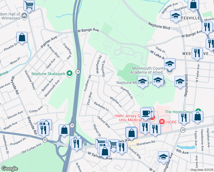 map of restaurants, bars, coffee shops, grocery stores, and more near 613 Stamford Drive in Neptune City