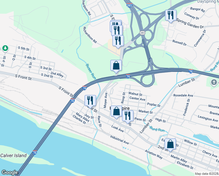 map of restaurants, bars, coffee shops, grocery stores, and more near 123 Vine Street in Highspire