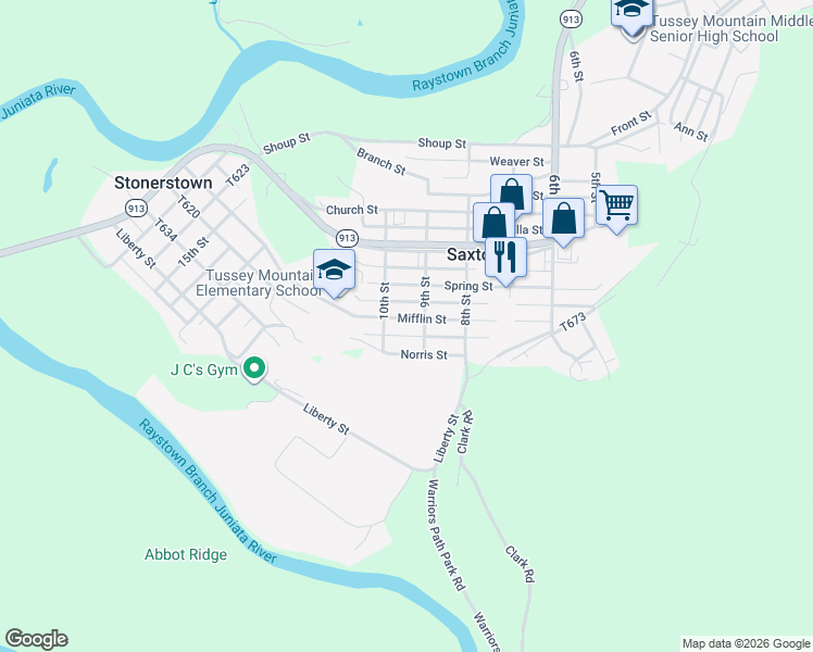 map of restaurants, bars, coffee shops, grocery stores, and more near 900-998 Mifflin Street in Saxton