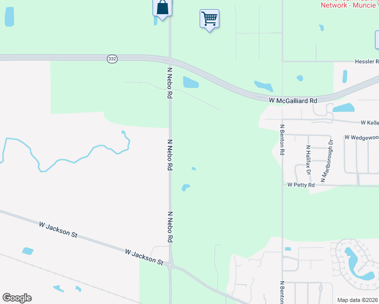 map of restaurants, bars, coffee shops, grocery stores, and more near 2310 North Nebo Road in Muncie