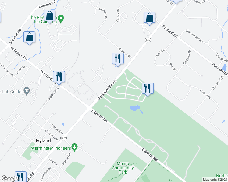 map of restaurants, bars, coffee shops, grocery stores, and more near 36 Parry Way in Ivyland