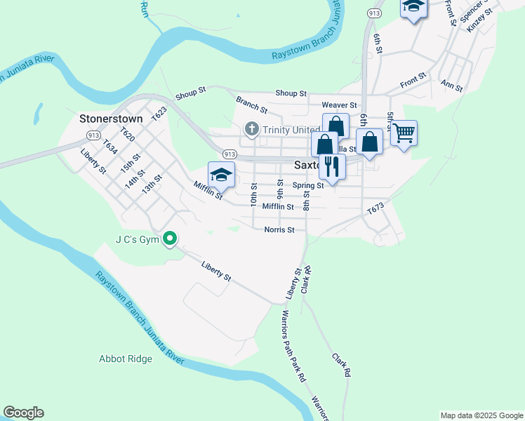 map of restaurants, bars, coffee shops, grocery stores, and more near 913 Mifflin Street in Saxton