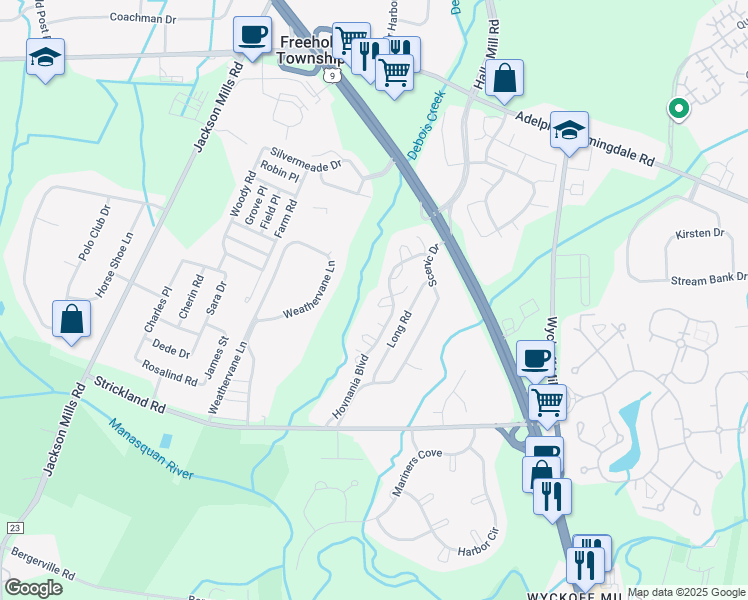 map of restaurants, bars, coffee shops, grocery stores, and more near 12-1 Phoenix Court in Freehold