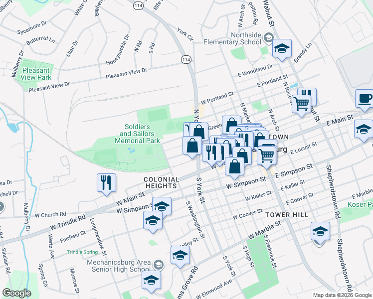 map of restaurants, bars, coffee shops, grocery stores, and more near 316 West Allen Street in Mechanicsburg
