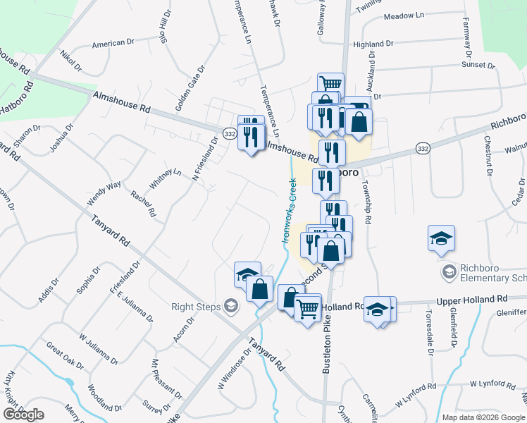 map of restaurants, bars, coffee shops, grocery stores, and more near 161 East Elizabeth Lane in Richboro