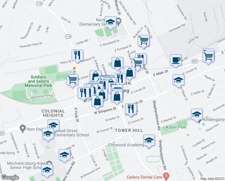 map of restaurants, bars, coffee shops, grocery stores, and more near 403 Shaw Street in Mechanicsburg