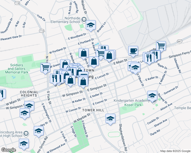 map of restaurants, bars, coffee shops, grocery stores, and more near 107 East Locust Street in Mechanicsburg