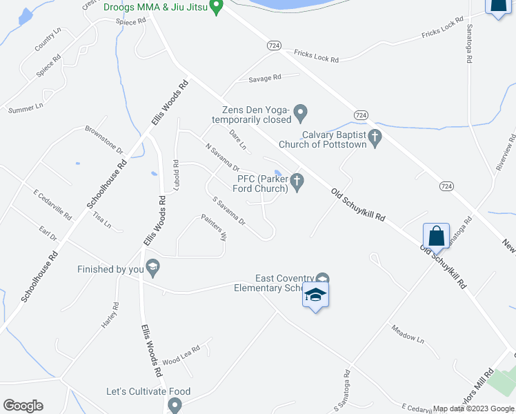 map of restaurants, bars, coffee shops, grocery stores, and more near 107 North Savanna Drive in Pottstown